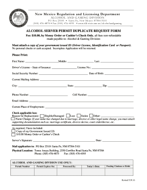 New Mexico Alcohol Server Permit Duplicate Request Form