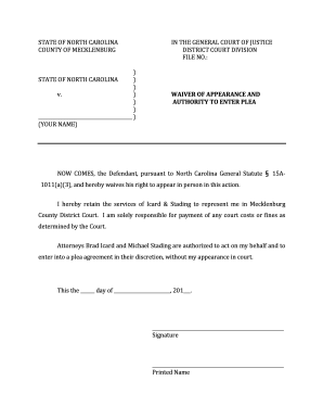 North Carolina Waiver of Appearance and Authority to Enter Plea