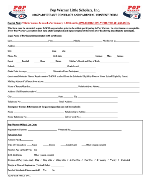 2016 Pop Warner Participant Contract and Parental Consent Form