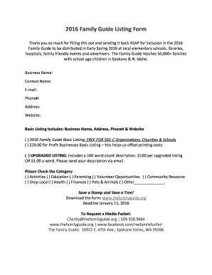 2016 Family Guide Listing Form