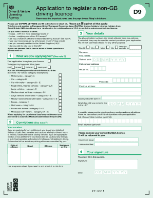 UK Driving Licence Registration Form D9