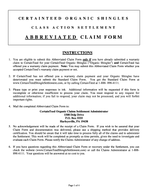 CertainTeed Organic Shingles Class Action Settlement Abbreviated Claim Form