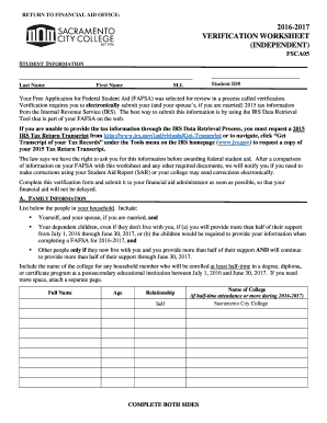 2016-2017 Verification Worksheet (Independent)