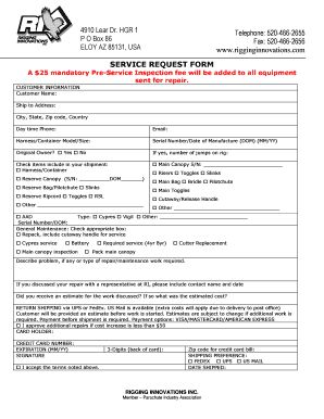 Service Request Form for Parachute Equipment Repair