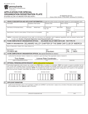 Pennsylvania Special Organization Registration Plate Application