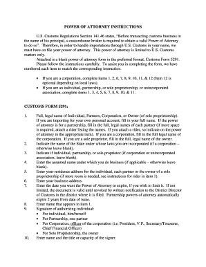 US Customs Power of Attorney Form 5291