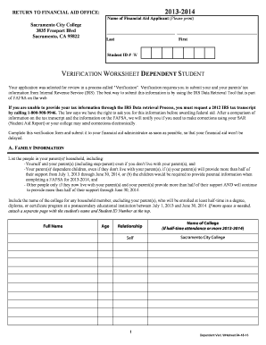 2013-2014 Verification Worksheet Dependent Student
