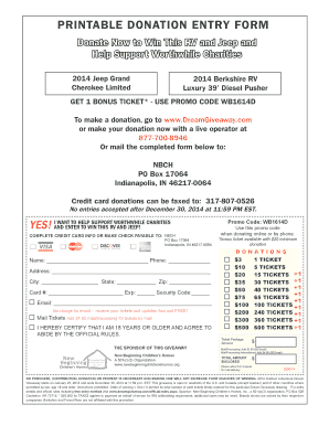 Donation Entry Form for RV and Jeep Giveaway