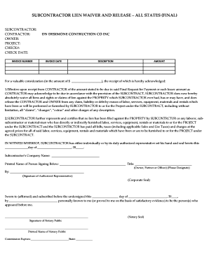 Subcontractor Lien Waiver and Release