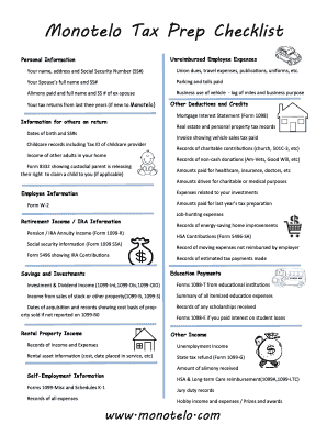 Monotelo Tax Prep Checklist