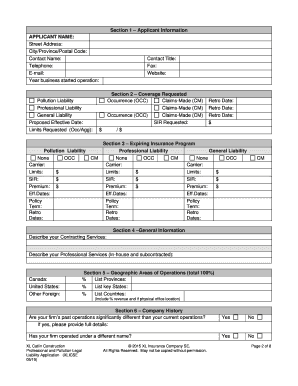 XL Catlin Professional and Pollution Legal Liability Application