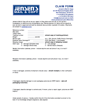 Claim Form for Shipping Damage or Loss