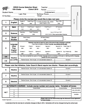 High School Course Selection Sheet