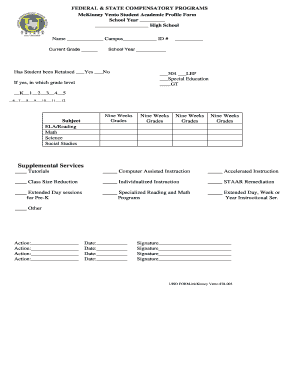 McKinney Vento Student Academic Profile Form