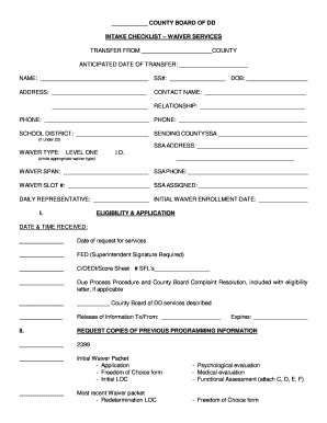 Intake Checklist Waiver Services