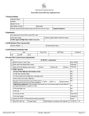 Private Pilot License Issue Application Form
