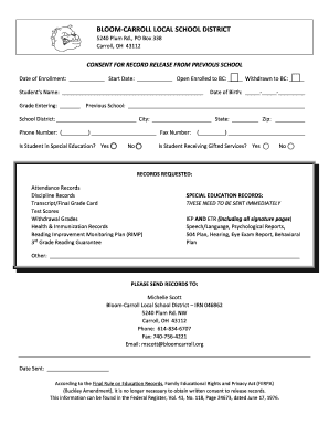 Consent for Record Release from Previous School