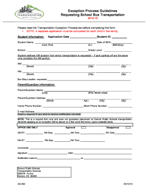 Denver Public Schools Transportation Exception Request