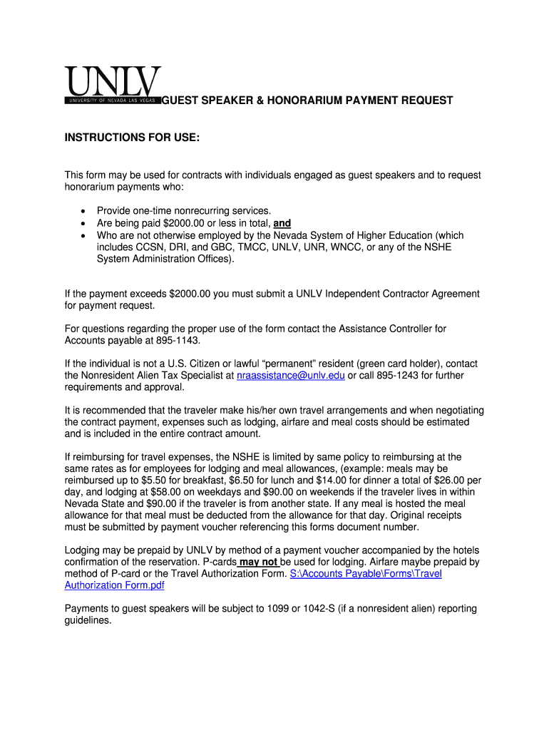 Fillable Online unlv Guest Speaker amp Honorarium Payment Request