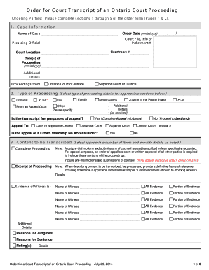 Order for Court Transcript of an Ontario Court Proceeding
