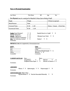 Bluefield College Sports Physical Examination Form