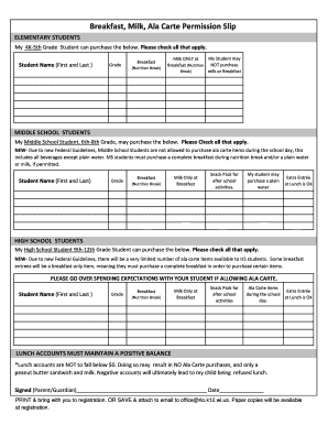 School Breakfast Milk Ala Carte Permission Slip