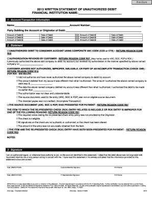 2013 Written Statement of Unauthorized Debit