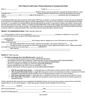 TEG Federal Credit Union Unauthorized Debit Affidavit