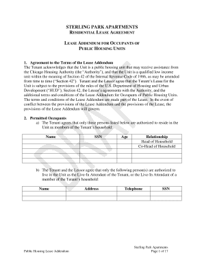 Addendum to lease - LEASE ADDENDUM FOR OCCUPANTS OF PUBLIC HOUSING UNITS