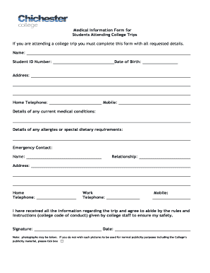 Medical Information Form for Students Attending College Trips - chionline chichester ac
