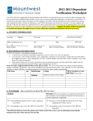 2012-2013 Dependent Verification Worksheet