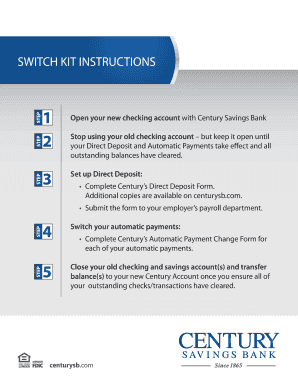 Century Savings Bank Switch Kit Instructions