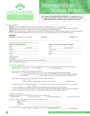 Immigration Status Form for UNC Charlotte Graduate School