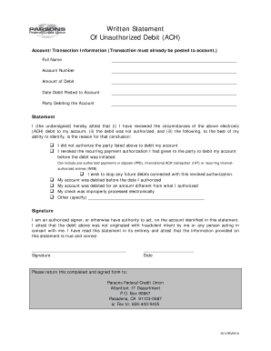 Written Statement of Unauthorized Debit (ACH)