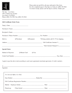 Gift Certificate Order Form