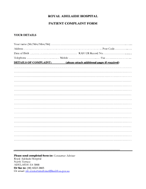 Royal Adelaide Hospital Patient Complaint Form