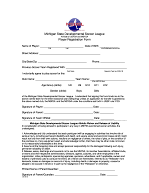 Michigan State Developmental Soccer League Player Registration Form