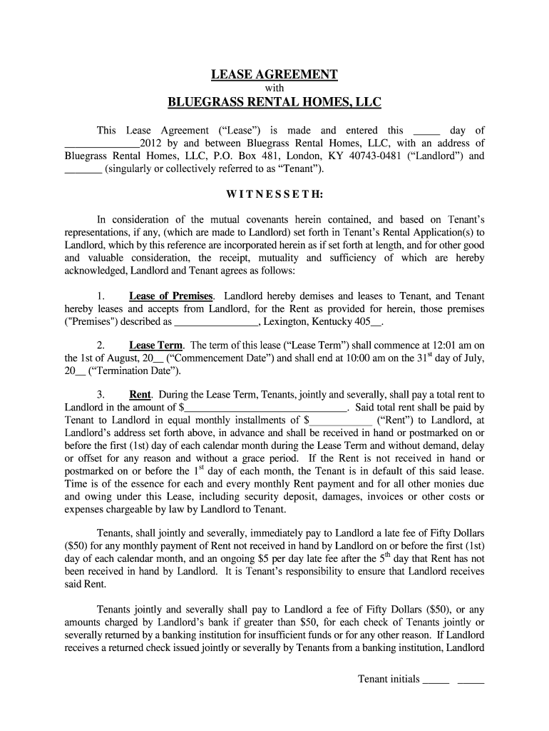 Fillable Online LEASE AGREEMENT BLUEGRASS RENTAL HOMES LLC Fax Email Print pdfFiller