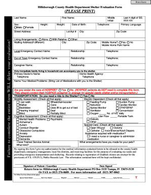 Hillsborough County Health Department Shelter Evaluation Form