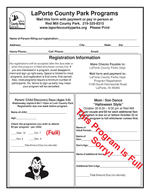 LaPorte County Park Program Registration Form