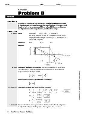 Physics Lens Problem Worksheet