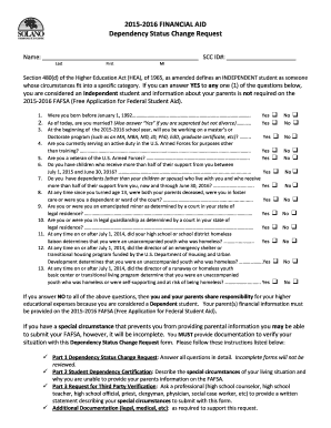 2015-2016 Financial Aid Dependency Status Change Request