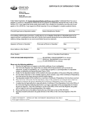 Certificate of Dependency Form