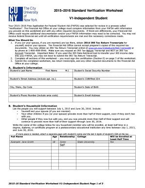 2015-2016 Verification Worksheet for Independent Students