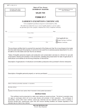 New Jersey Farmer's Exemption Certificate