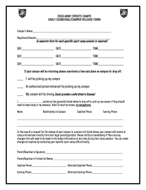 2016 Army Sports Camps Early Dismissal Form
