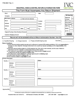 Industrial Video Control Return Authorization Form