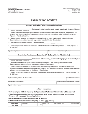Colorado Auto Industry Mastery Examination Affidavit
