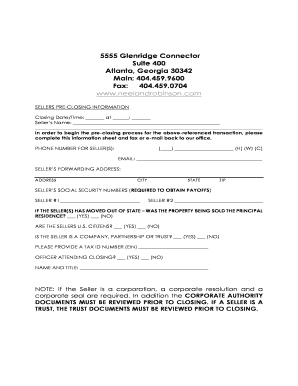 Sellers Pre-Closing Information Form