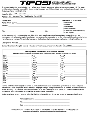 Multi-Jurisdiction Sales and Use Tax Certificate